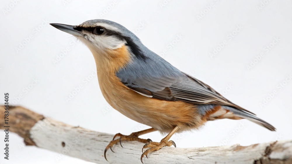 Naklejka premium Photorealistic studio portrait of a Nuthatch (Sitta europaea) songbird with blue-grey plumage, isolated on white.