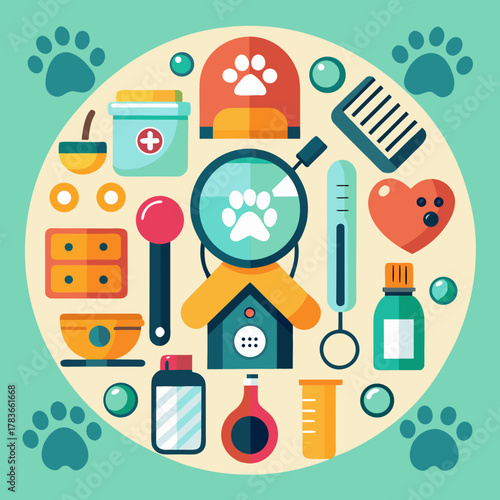 Vector illustration of pet care concept: vet clinic, paw print, grooming tools
