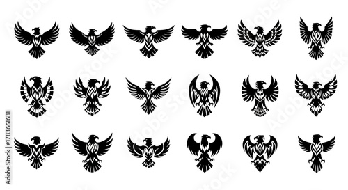 Collection of Eagle Heraldic Symbols in Silhouette Style.