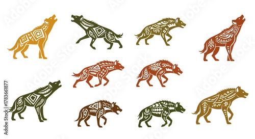 Stylized Hyena and Wolf Illustrations with Tribal Patterns.