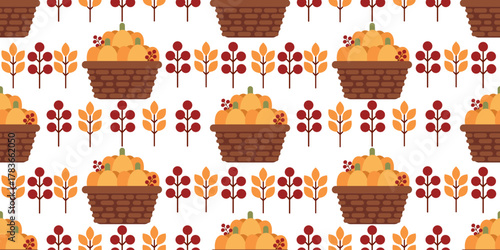 Seamless Thanksgiving pattern featuring wicker baskets filled with pumpkins and autumn leaves. Perfect for textile, wrapping paper, and festive fall decor.