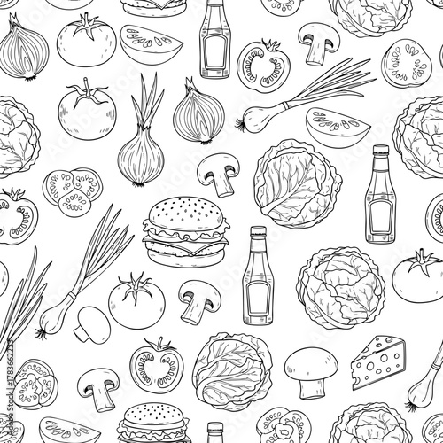 Vector background pattern of hand-drawn kitchen ingredients and burger icons, isolated on white.