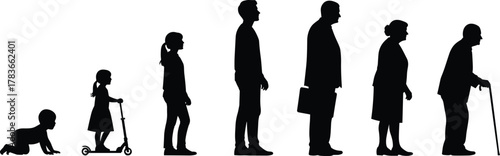 Human life stages, aging process, childhood to elderly, silhouette evolution, age progression, family concept, timeline, growth, development, generational change