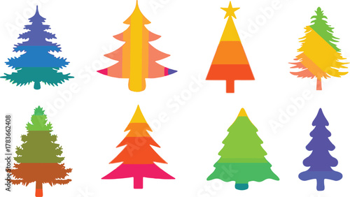 Set with a cute gradient color Christmas tree icons. Vector illustration. winter vector set
