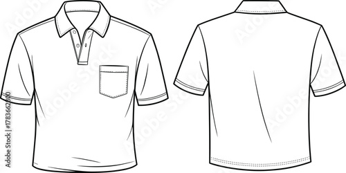 CAD drawing flat vector illustration of polo shirt fashion sketch, technical clothing design, apparel template, garment outline, sewing pattern detail