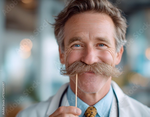 Doctor holding stethoscope and mustache on stick celebrating movember