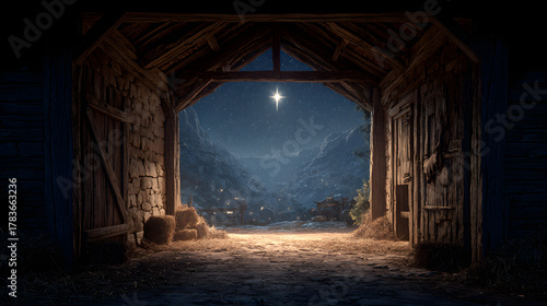 A serene Nativity scene, a rustic stable bathed in ethereal light, where a glimmering star hangs in the heavens above. The manger sits empty. ..Created with Generative AI, not depicting real subjects.