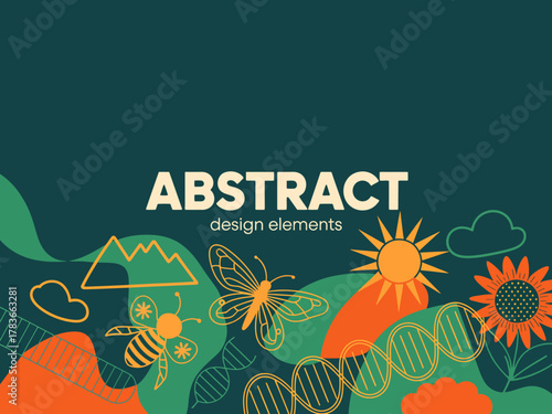 An explosion of colors brings together various abstract design elements, such as mountains, butterflies, and sun, representing nature, vibrancy, and the essence of creativity.