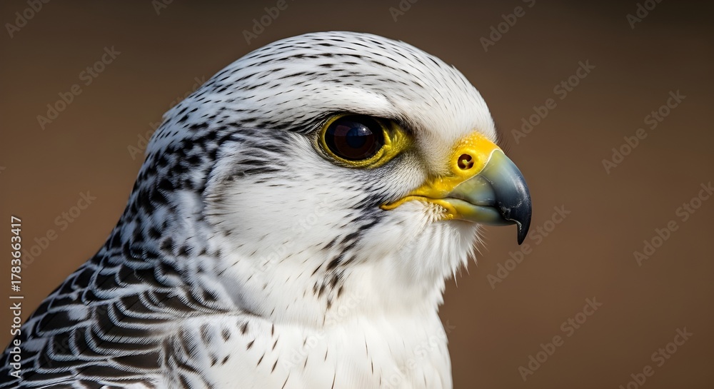 Fototapeta premium Close-up of a gyrfalcon head showing its distinctive markings and sharp features against a blurred b