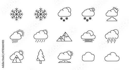 Collection of weather icons in a linear outline style, featuring snowflakes, clouds with sun, rain, mountains, and a pine tree, perfect for graphic design, web applications, and advertising on a