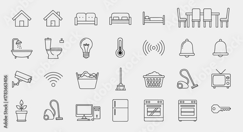 Collection of simple line art icons representing various home elements and appliances, perfect for interior design, app interfaces, and digital projects, including houses, furniture, bathroom