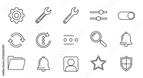 Collection of 15 essential line icons for web, apps, and design projects, featuring settings gear, wrenches, refresh arrows, sliders, toggle switch, search magnifying glass, notification bell