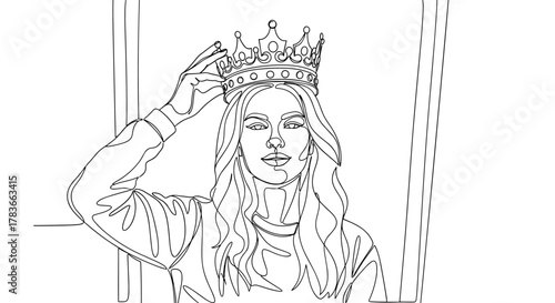Single continuous line drawing of a confident woman in casual clothing placing a crown on her head, symbolizing self-reward, empowerment, and personal achievement. This minimalist artwork captures a