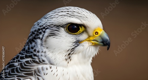 Close-up of a gyrfalcon head showing its distinctive markings and sharp features against a blurred b