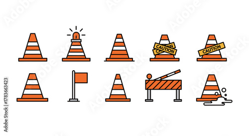 Vivid collection of traffic cone line icons, featuring editable strokes, perfect for infographics, articles, books, flyers, and banners. This vector cartoon illustration includes cones with caution