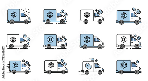 Collection of twelve flat outline icons representing refrigerated vans with snowflakes and ice cubes, symbolizing cold transport and delivery services, perfect for graphic and web design, apps
