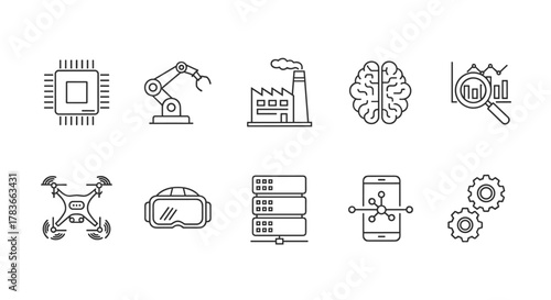 A comprehensive set of thin line technology icons, featuring a CPU chip, robotic arm, factory, artificial intelligence brain, data analysis magnifying glass, drone, VR headset, server rack