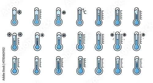 Collection of flat thermometer icons with different temperature readings, including cold weather symbols like snowflakes and frost, suitable for graphic and web design, apps, adverts, and various