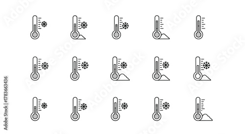 Minimalistic line icon set featuring thermometers indicating cold temperatures with snowflakes and snowdrifts, perfect for web, graphic design, apps, banners, social networks, and cards. This vector