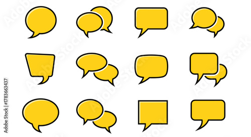 Collection of 12 yellow speech bubble icons in a flat style, presented on a clean white background. This ordered set features various shapes and sizes of speech bubbles, perfect for graphic design