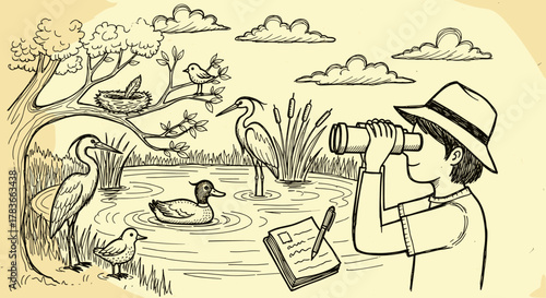 Hand-drawn doodle illustration of a young person wearing a hat, observing birds in a pond with binoculars, surrounded by nature including trees, a nest, a feather, a duck, and a heron, with a