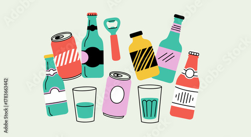 Vibrant and playful illustration featuring a collection of assorted beverage bottles, soda cans, drinking glasses, and a bottle opener, all rendered in a fun, simple, and colorful flat design style