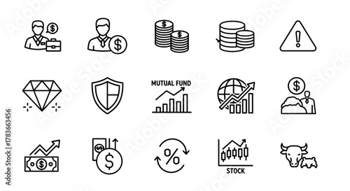 Investment icon set featuring an investor with a briefcase and dollar sign, a person with a dollar coin, stacks of coins, a warning sign, a diamond, a shield, a mutual fund graph, a global financial