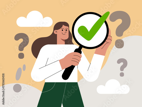 The image showcases a woman confidently holding a magnifying glass featuring a large checkmark, symbolizing clarity, confirmation, and understanding in decision-making.