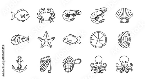 Collection of marine life icons in a clean, ordered line art style on a white background, featuring fish, crab, shrimp, seashell, starfish, squid, anchor, net, and octopus, perfect for nautical or