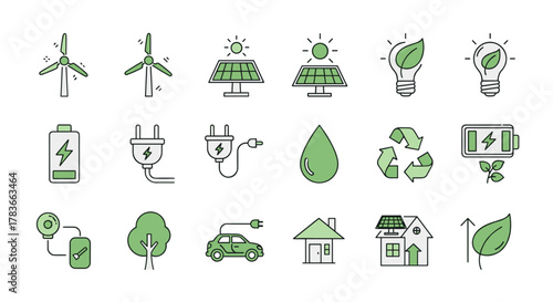Green energy simple line icons set, renewable energy, electricity, ecology, editable stroke icon vector. Ordered line icon set on white background. Includes wind turbines, solar panels, light bulbs