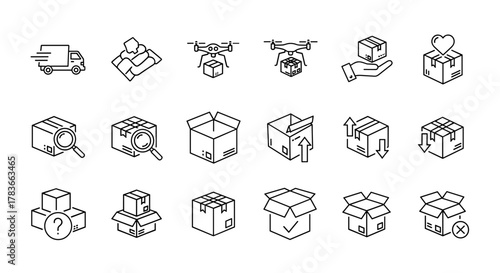 Set of package and delivery line icons, including truck, drone, boxes, hand holding parcel, magnifying glass, and heart symbol, representing logistics, shipping, and e-commerce services with editable