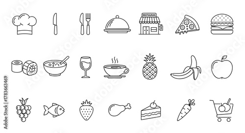 Collection of food and drink icons in a clean, modern line art style, featuring a chef's hat, cutlery, restaurant building, pizza, burger, sushi, soup, wine glass, coffee cup, pineapple, banana