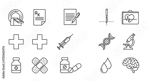 A comprehensive collection of simple, editable vector line icons related to medicine and healthcare, featuring a CT scanner, prescription form, surgical scalpel, medical kit, plus signs, syringe, DNA