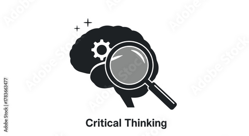 Critical Thinking Concept Icon: A stylized brain silhouette with a gear inside, magnified by a magnifying glass, symbolizing analysis, problem-solving, and intellectual exploration. Includes