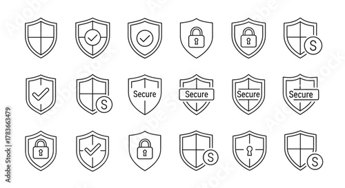 Set of security shield icons, featuring various designs like check marks, padlocks, and the letter 'S', presented as clean line art vector illustrations. These symbols represent protection, safety