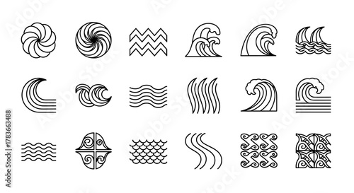 Set of stylized wave and water stream icons, featuring geometric tiles, curvy lines, ocean and sea surf, river frames, and flowing curves in a thin line art style, perfect for aquatic and natural