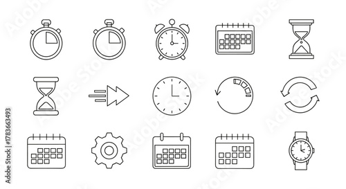 Collection of thin line icons representing time management and scheduling: stopwatch, alarm clock, calendar, hourglass, circular progress bar, refresh arrows, fast forward symbol, analog clock, gear