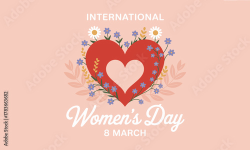 A vibrant illustration of a heart decorated with flowers representing love, unity, and celebration of women's achievements on International Women's Day, 8 March.