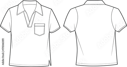 CAD drawing flat vector illustration of short sleeve shirt fashion sketch, technical clothing design, apparel template, garment outline, sewing pattern detail
