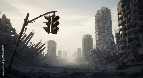 Fototapeta Naklejka Na Ścianę i Meble -  Deserted street in a post-apocalyptic ruined city with crumbling buildings and a lone broken traffic light
