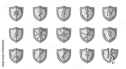 Collection of Cracked Shield Icons on White Background: A Set of Line Art Illustrations Representing Damage, Breakage, and Vulnerability, Ideal for Graphic Design, Web Elements, and Conceptual Visuals