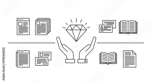 Diamond above open hands linear sign for graphic design, web sites, cards, books, articles, vector cartoon illustration with a white background. This represents value, protection, and preciousness