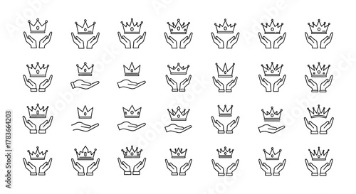 Collection of thin line icons depicting crowns held over open hands, symbolizing royalty, power, success, and achievement. These versatile vector graphics are perfect for web, books, cards, and apps