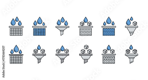 Collection of minimalistic linear pictograms illustrating filtration processes with water drops and cubes passing through various filter types, including grids, wavy patterns, and funnels, suitable