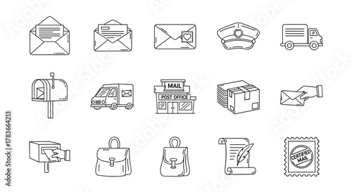 A comprehensive collection of line art icons representing postal services and mail delivery, including envelopes, a post office building, a mailbox, delivery trucks, packages, a postal worker's cap