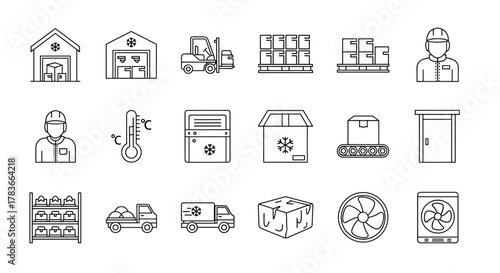 Freezer Warehouse Line Icon Pack: A collection of outline signs and symbols for graphic and web design, apps, adverts, and various cards, featuring a white background for versatile use in logistics