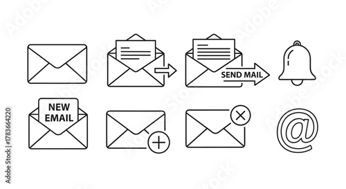 Collection of outline vector icons representing email communication, including a closed envelope, an open envelope with text, a send mail arrow, a notification bell, a new email alert, an envelope