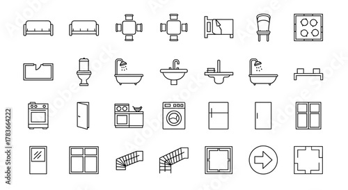 Vector Set of Thin Line Icons Representing Furniture and Architectural Elements for Floor Plans, Including Sofas, Tables, Beds, Chairs, Toilets, Bathtubs, Sinks, Stoves, Washing Machines