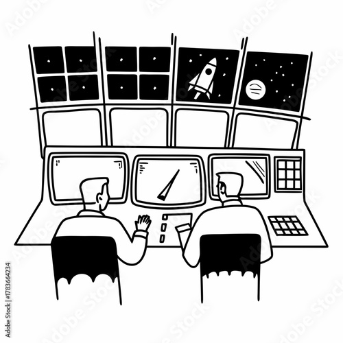 Astronauts monitor space mission in control room