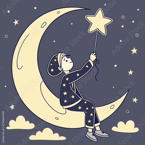 Child reaching for a star while sitting on the moon